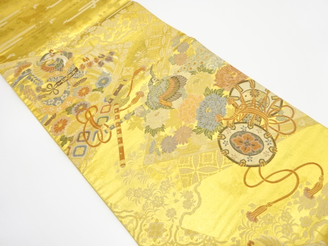 アンティーク　孔雀に古楽器・草花模様織り出し袋帯（材料）